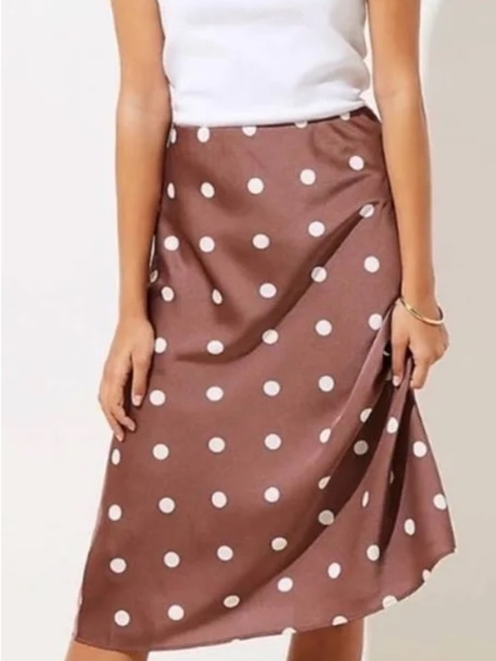 NWT LOFT Brown Midi Skirt with White Polka Dots